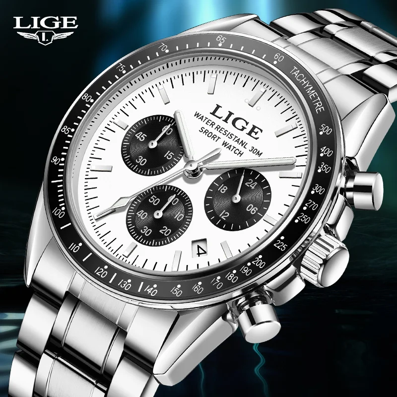 LIGE Fashion Men Watches Calendar Luminous Quartz Watch Mens Waterproof Stainless Steel Man Wristwatch Sport Business Male Clock