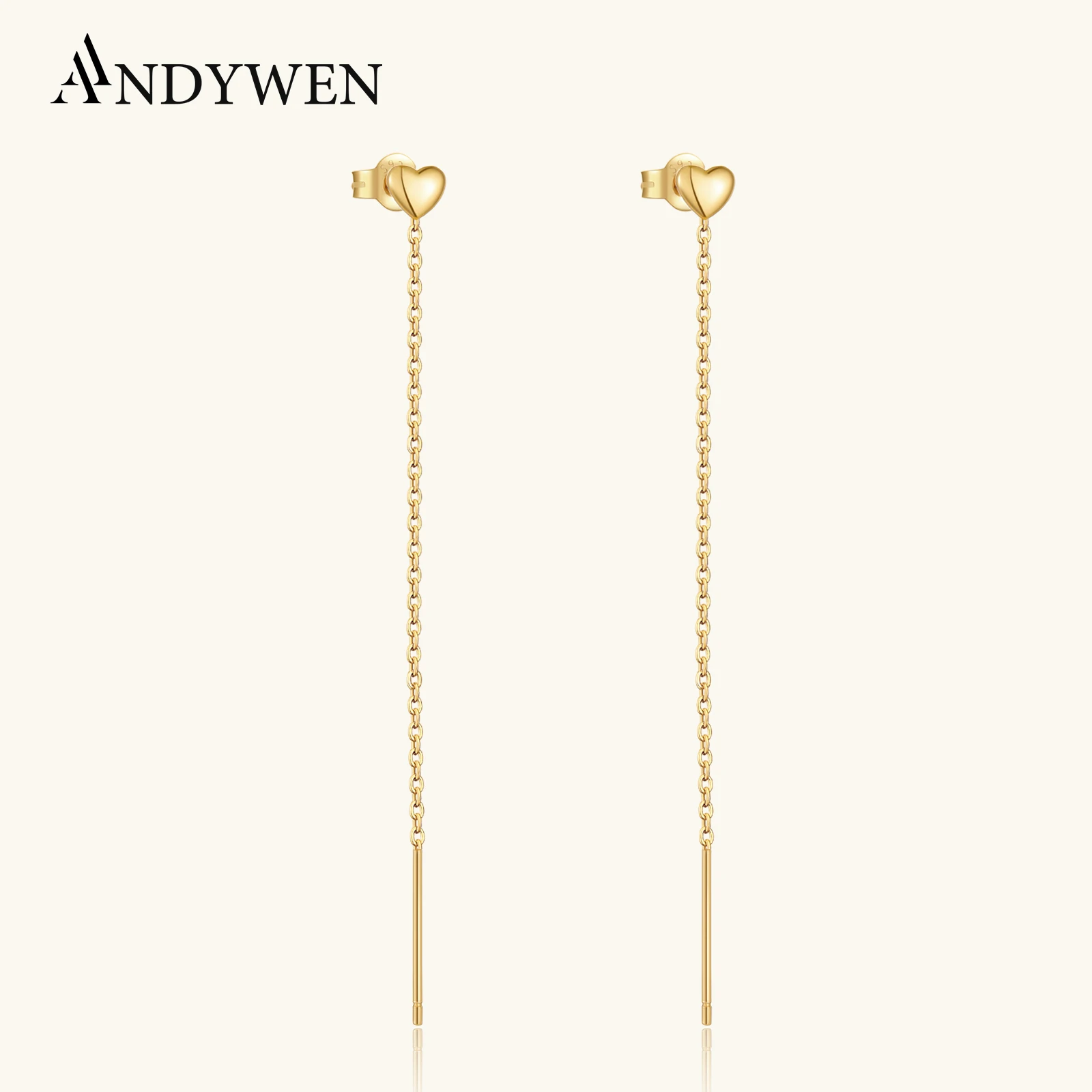 

ANDYWEN стерлингового серебра 925 пробы сердце длинная цепочка серьги нитки женские минималистичные повседневные вечерние изящные ювелирные изделия подарок