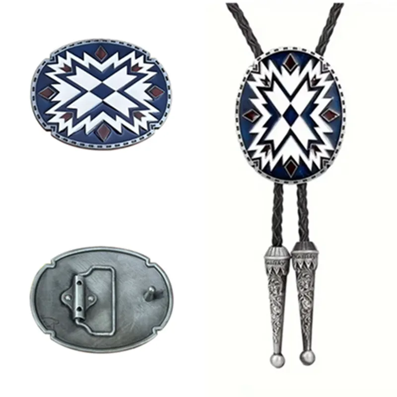 Two Sets Enamel Bolo Ties with Leather Clasps Blue And White Totem Western Style Double Straps Buckle Jewelry Accessory