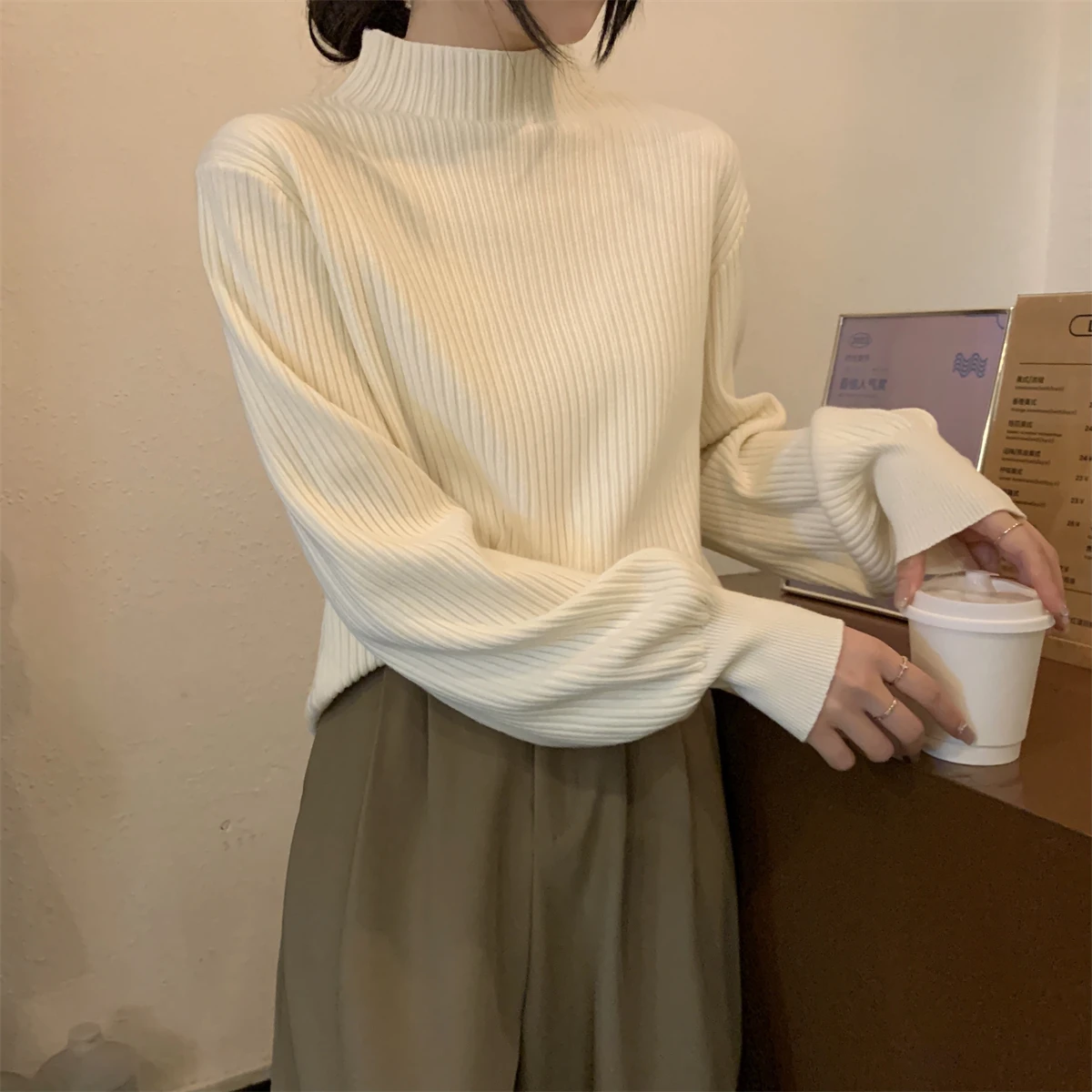 Korean Half High Collar Sweater Women Velvet Lantern Sleeve Soft Loose Knit Base Autumn Winter