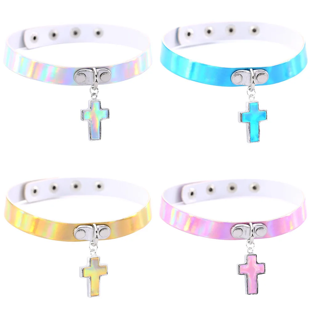 Punk Harajuku Fashion Simple Personality Cross Rivets Multicolored Luminous laser Alloy Clavicle chain Necklace
