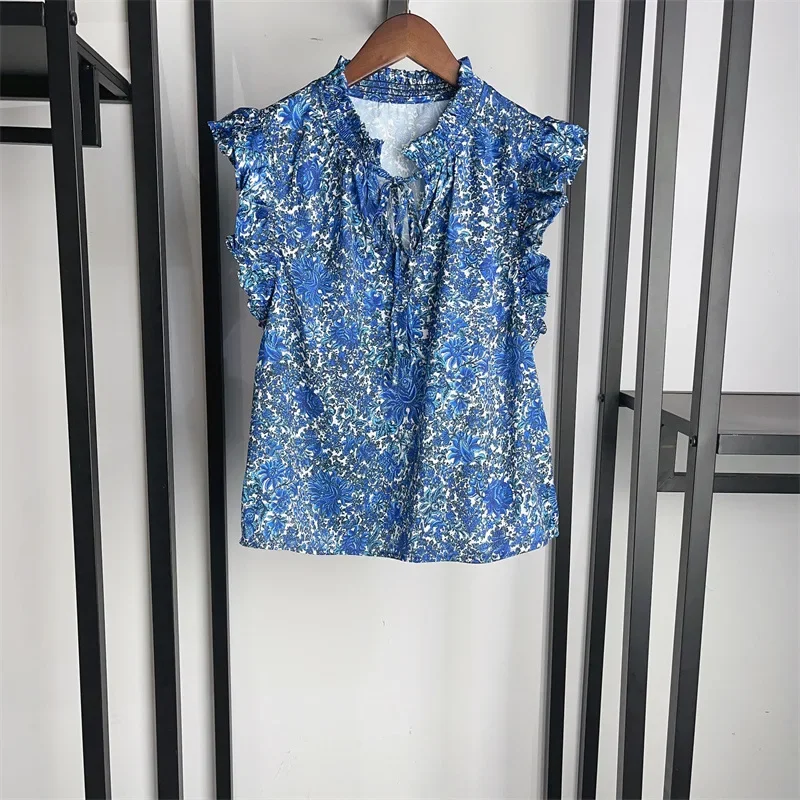 

Женская блузка с цветочным принтом, летняя рубашка с оборками и V-образным вырезом, 2024