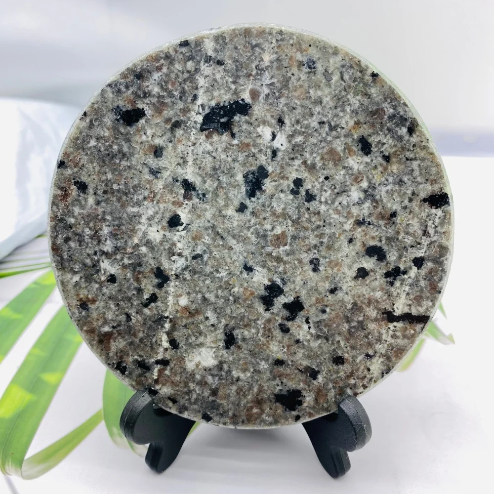 a set of Natural Yooperlite Stone Round Slab  Specimen Crystal Mirror Desktop Slice Ornament, Including a Stand,