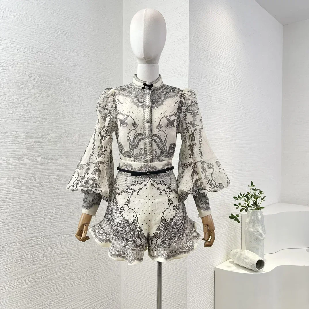 

Sexy SilkNew Vintage Women Outfit High Quality Grey Floral Print Full Lantern Sleeve Linen Silk Blouse And Pure Linen Shorts Hol