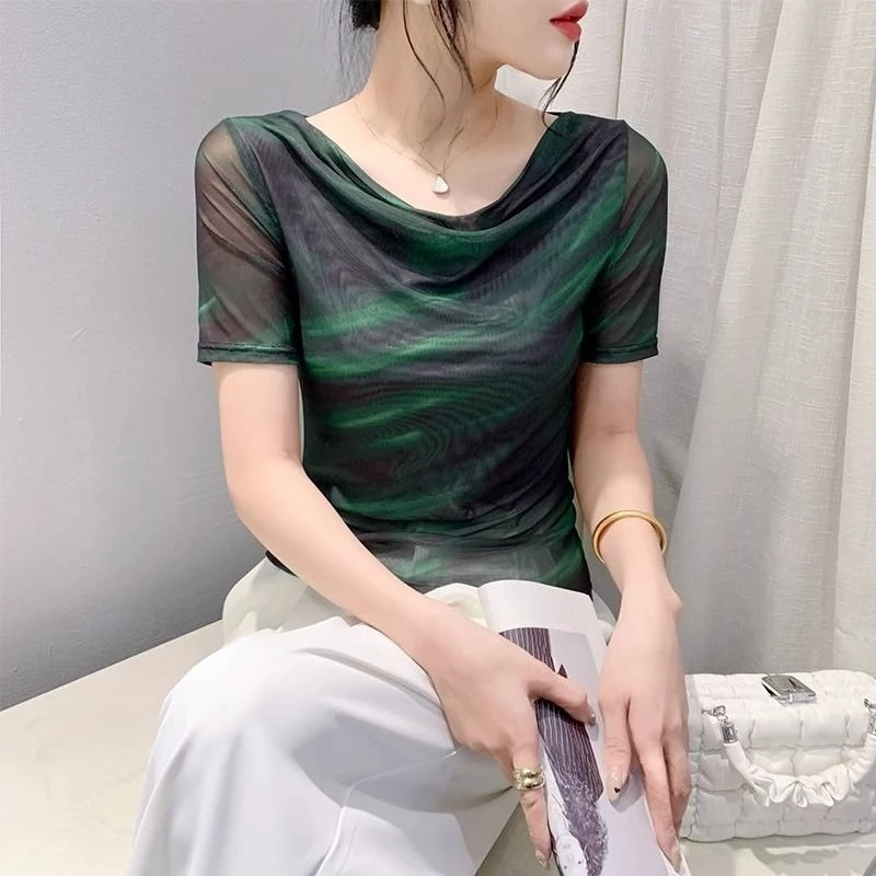 2026 Summer New Arrival Women's Stylish Slim Fit Short Sleeve Top Fashion Print Sheer Mesh With Draped Neckline Base Layer
