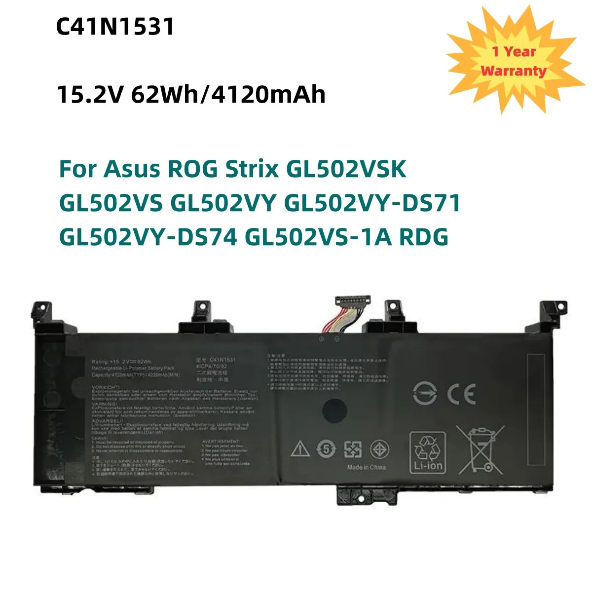 C41N1531 Battery For ASUS ROG Strix GL502VSK GL502VS GL502VY GL502VY-DS71 GL502VY-DS74 GL502VS-1A RDG 15.2V 62Wh