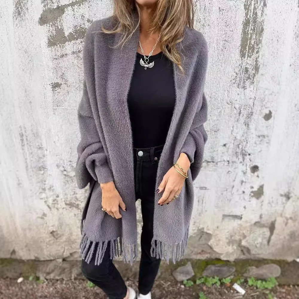 

Cardigan Women Knitted Shawl Coat Tassels Batwing Sleeve Knitting Jacket 2025 Autumn Winter Office Lady Knitwear Outerwear