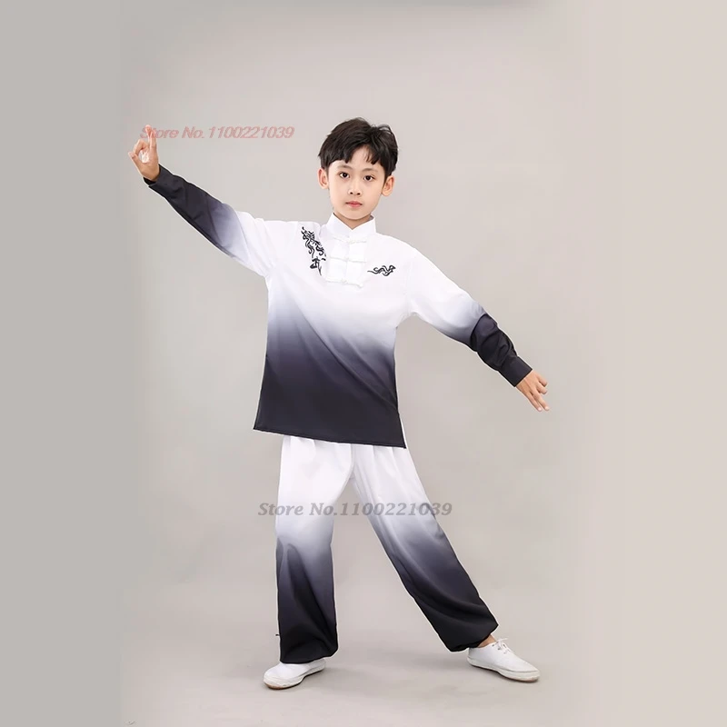 2024 chinese vintage children wushu shaolin gradient color uniform wushu kung fu clothing martial arts training exercise set