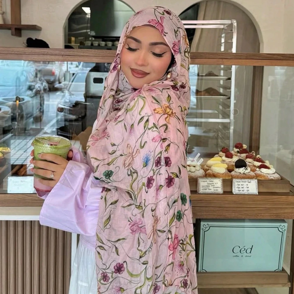 

Женский акварельный хиджаб в стиле Рамадан с цветочным принтом, богемный этнический мягкий мусульманский хиджаб, акварельный атласный дышащий теплый шарф-шаль