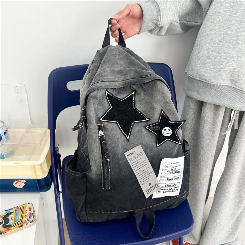 Y2k Vintage Trend Denim Shoulders Backpack Gradient Color Tie-dye Stars Bag Large Capacity Student Schoolbag Casual Travel Bag