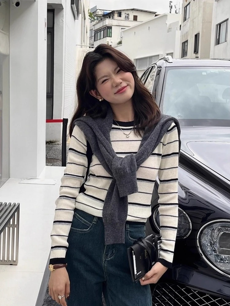 لون Blo شريط مستدير Ne Long Sve محبوك قاعدة irt المرأة ort Sle الكورية Faion ملابس داخلية للخريف #5