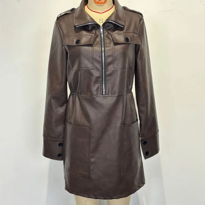 PU-leren jurken voor dames Elegante bruine overhemdkraag Halve ritssluiting Kant PU-leren mini-jurk met lange mouwen Vintage slim-fit jurk