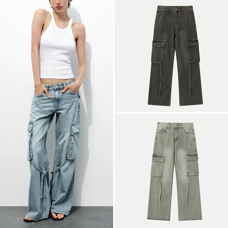 

Z Women's Casual Low Waist Wide Leg Jeans Workwear Sle Patch ket Decoration Loose Fit Long Pants Autumn Season