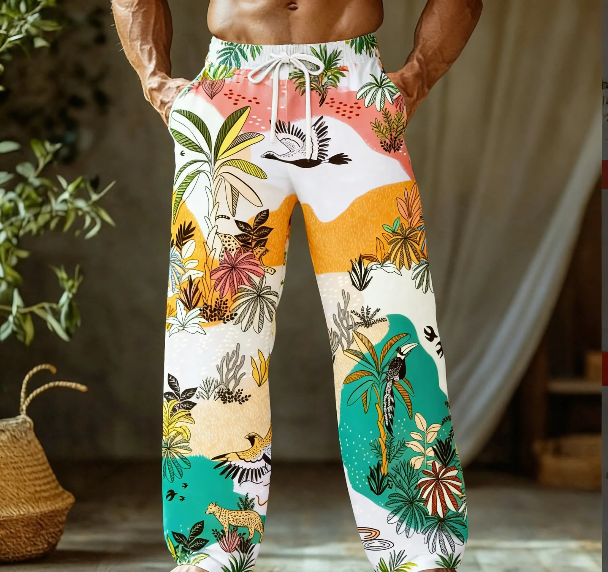 Men's Summer Thin Quick-Dry Hawaiian Tropical Style Casual Pants/Beach Pants