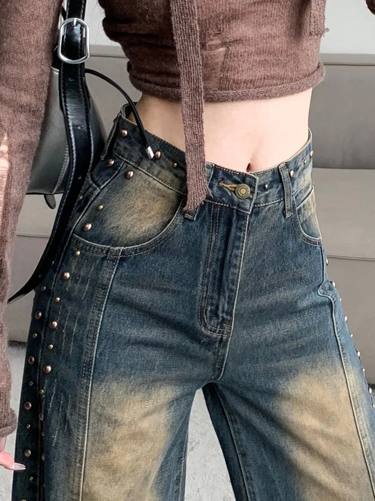 

Blue Washed Rivet Straight High Waist Jeans For Women American Retro Fashion Loose Wide Leg Pants Harajuku Hip Hop Y2k Trousers