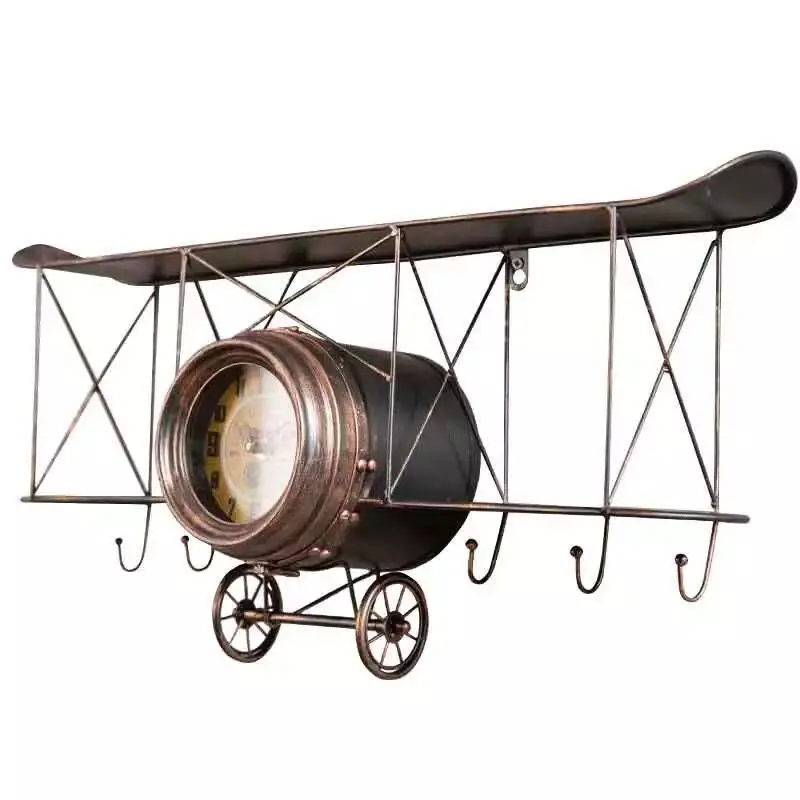 retro aircraft model rack, wall decoration, wall hanging propeller clock, creative wrought iron wall storage
