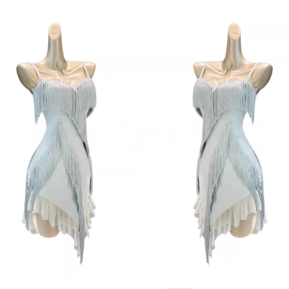 Spaghetti Strap V Neck Tassel Latin Dance Dress Women Backless Mesh Ballroom Competition Salsa Dancewear 2 Colors