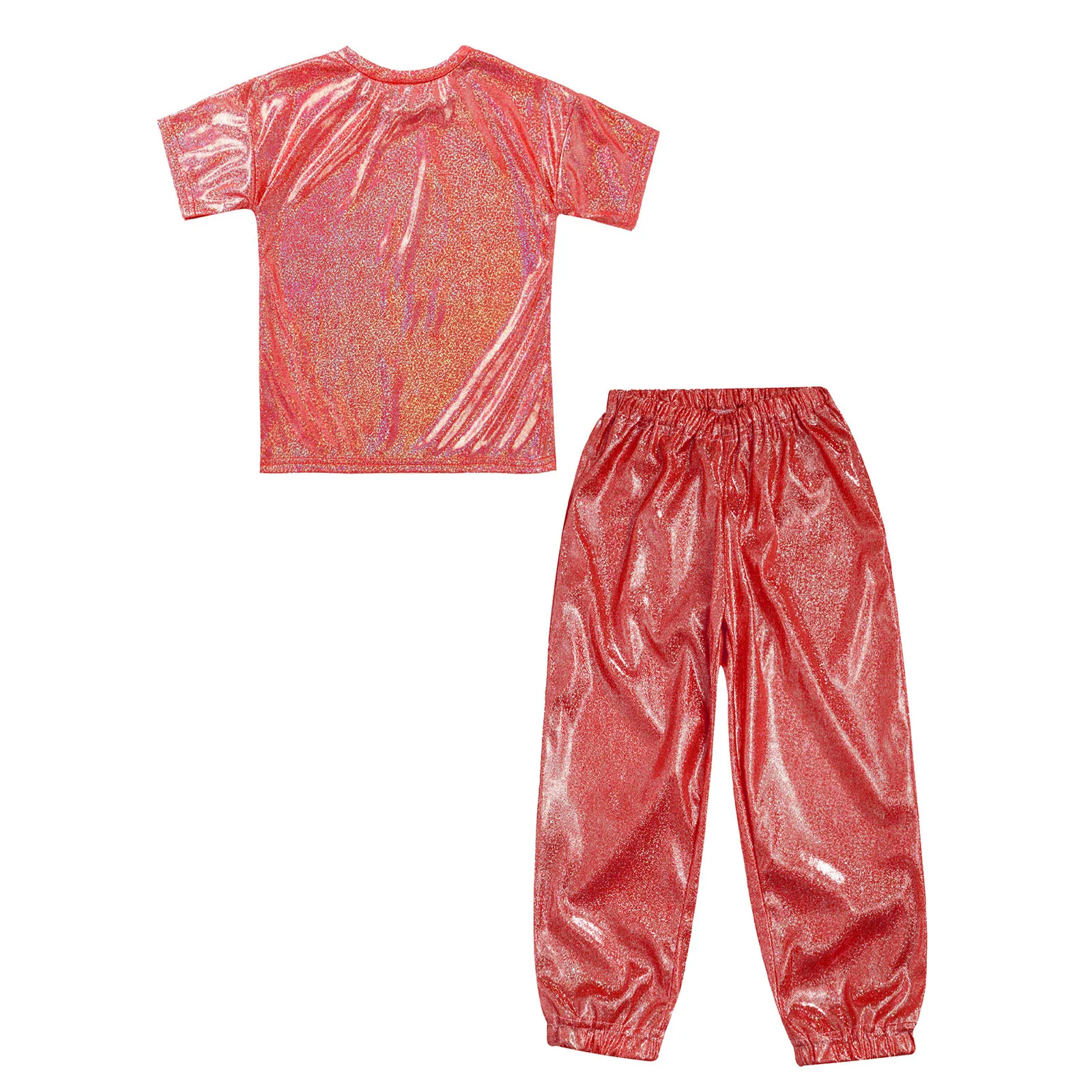 Kids Boys Girls Metallic Hip Hop Jazz Street Dance Costume Shiny T-shirt with Pants School Show Party Performance Dancewear