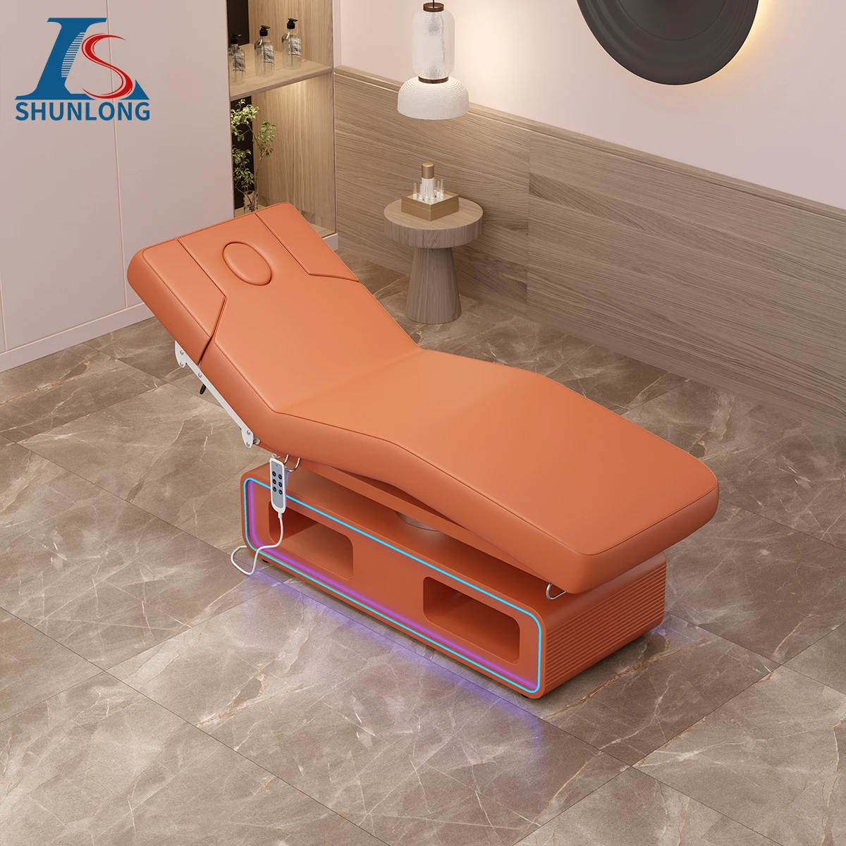 Luxury Electric Facial Bed Orange PU Massage Table with LED Light Storage Cabinet Adjustable Backrest Beauty Spa Bed for Salon P