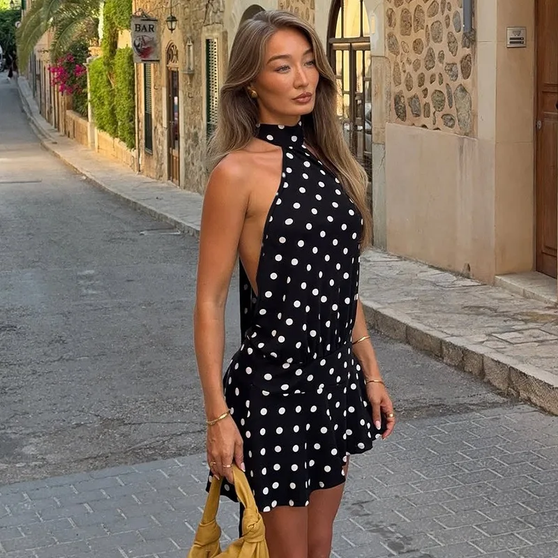 Summer New Women's Fashion Printed Polka Dot Short Skirt with Backless Sexy Tie Halter Perfect Choice for Summer Beach Vacation