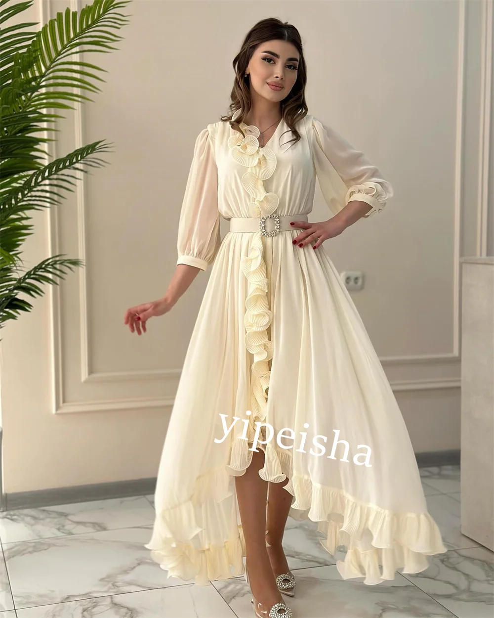 Customized Chiffon Flower Sash Cocktail Party A-line V-Neck Bespoke Occasion Gown Knee Length Dresses