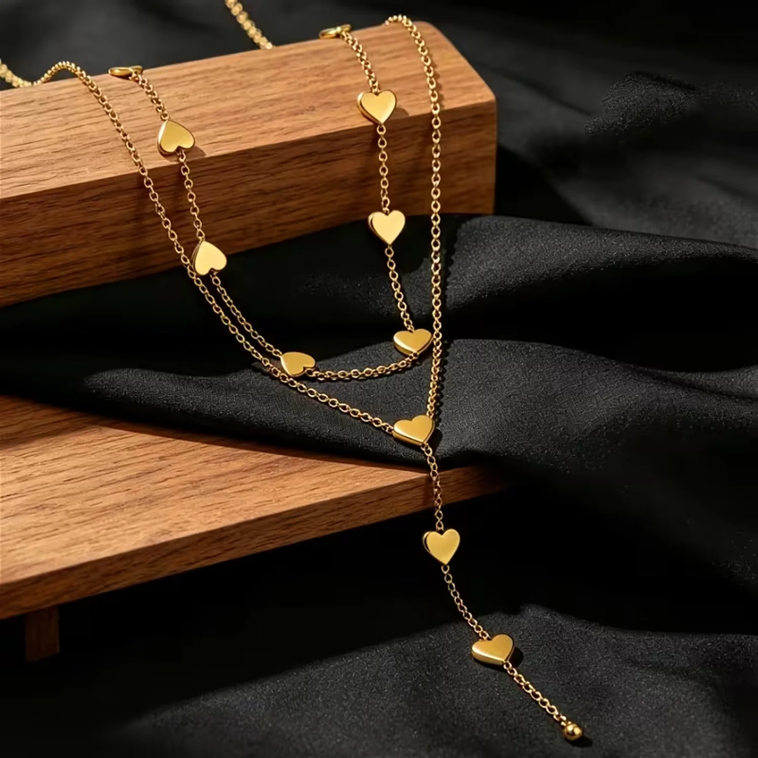 Women's Double-Layer Stackable Stainless Steel Long Heart Necklace Y-Shaped Tassel Stylish Everyday Wear Gift