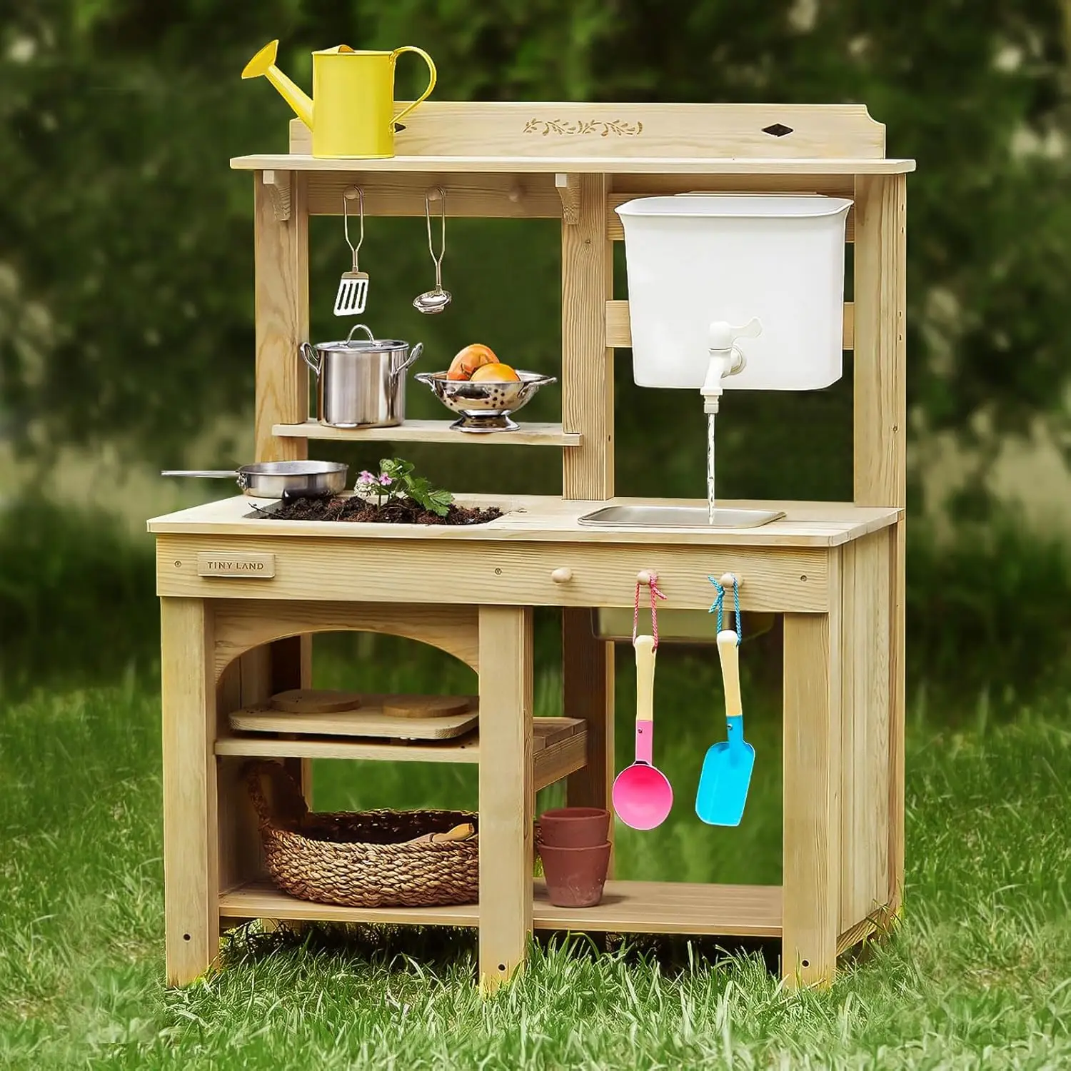 Cozinha de lama ao ar livre para crianças, cozinha de madeira com tanque de água, jogo de água, cozinhar e diversão sensorial, durável e resistente às intempéries