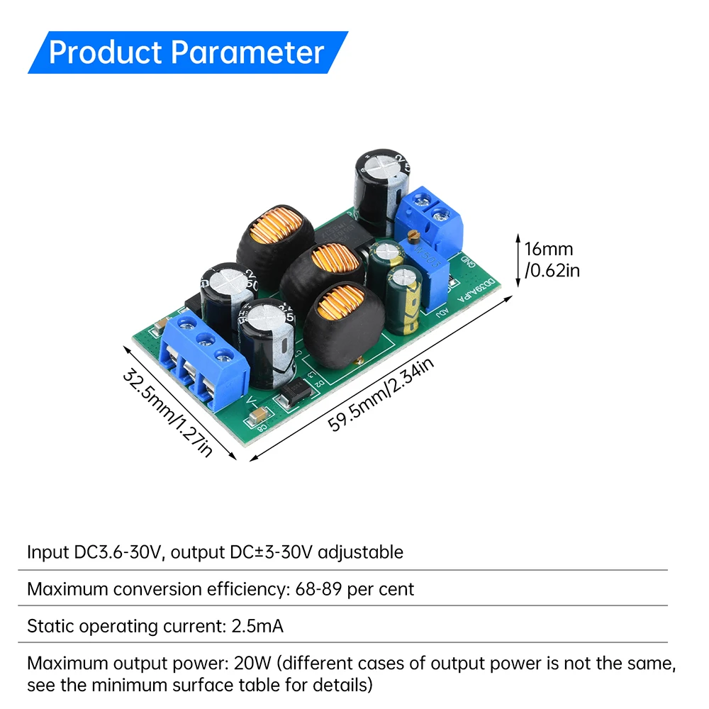 Módulo de impulso positivo e negativo DC 3.6-30V para DC±3-30V Módulo de fonte de alimentação de saída dupla de 20W com terminais
