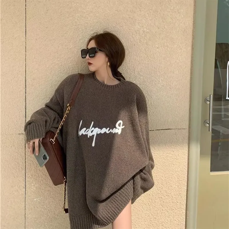 

Extra Large 300 Pou round Ne Letter Knitwear Men's Loose Long Outerwear Soft Cozy Sweater Autumn Winter Casual Faion