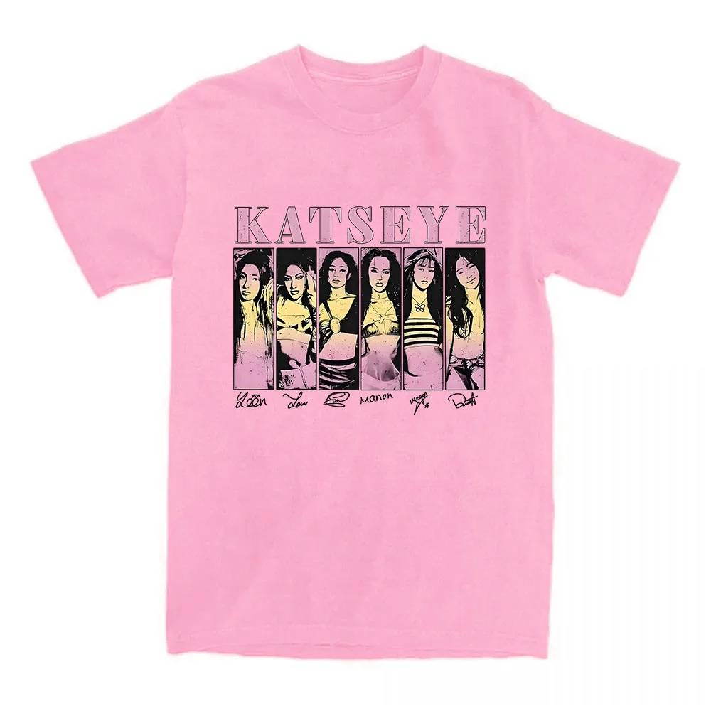 

Корейская футболка с принтом KATSEYE для девочек, хлопковые свободные женские футболки с короткими рукавами, уличная одежда унисекс, повседневная женская и мужская футболка, футболки