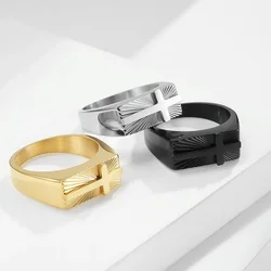 Classic Cross Signet Rings for Men Fashion Titanium Steel Geometric Rectangular Ring Christian Jewelry