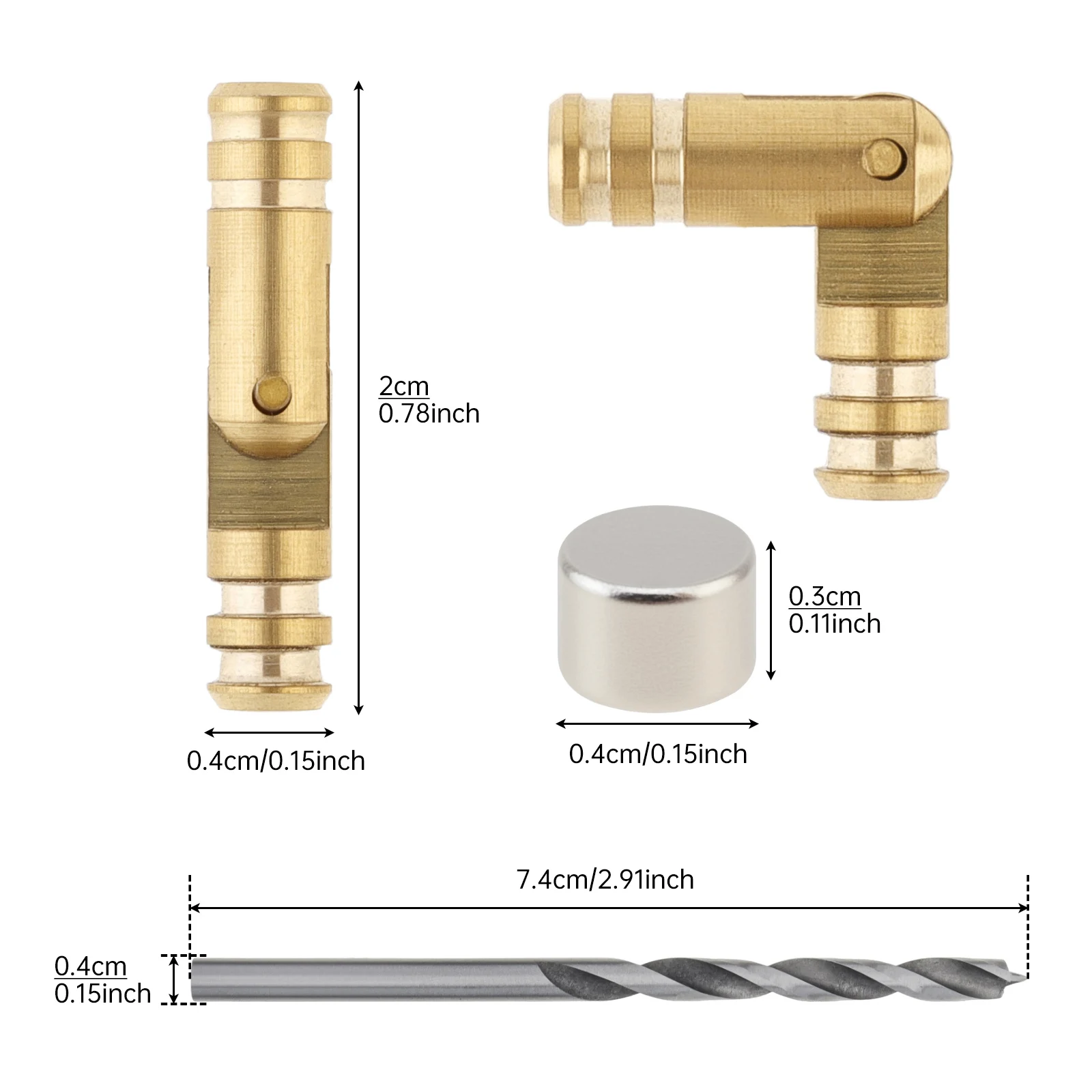 24 pcs 4x20 mm Folding Brass Barrel Hingeswith 135 Degree Opening Angle, 24 pcs 4x3 mm Small Magnets, 1 piece 4 mm Drill Bit