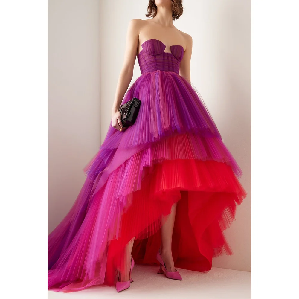 Fashion Multi-Colored Tiered Pleat Evening Dress Chic Strapless Floor Length Sweep Train High/Low Gowns Prom Party Dresses 2024