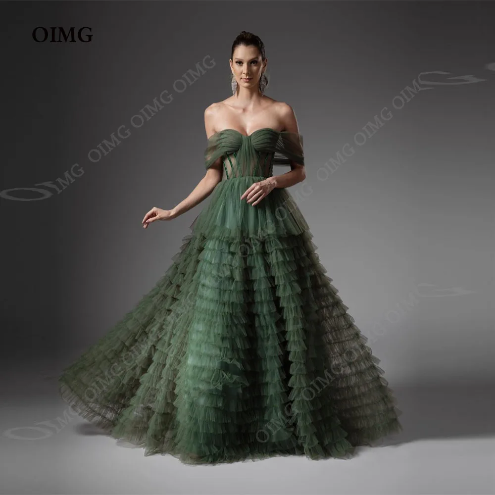 

OIMG Luxury Green Beading Sequined Prom Dresses Off the Shoulder Short Sleeves Saudi Arabic A-Line Evening Gowns Formal Dress