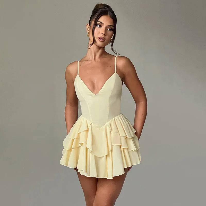 Vestido de baile plissado com alças esparguete feminino, decote em V profundo, vestido de festa sem costas, amarelo, rosa, cintura alta, mini curto, nova chegada, em estoque