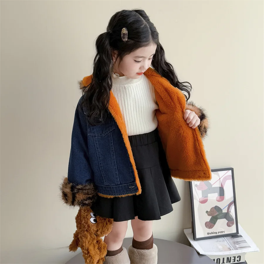 Elegant Baby Boy Girl Tiger Print Fur Coat with Hood Kids Child Winter Warm Denim Jacket Thick Overcoat 2 3 4 5 6 7 8 9 Year Old