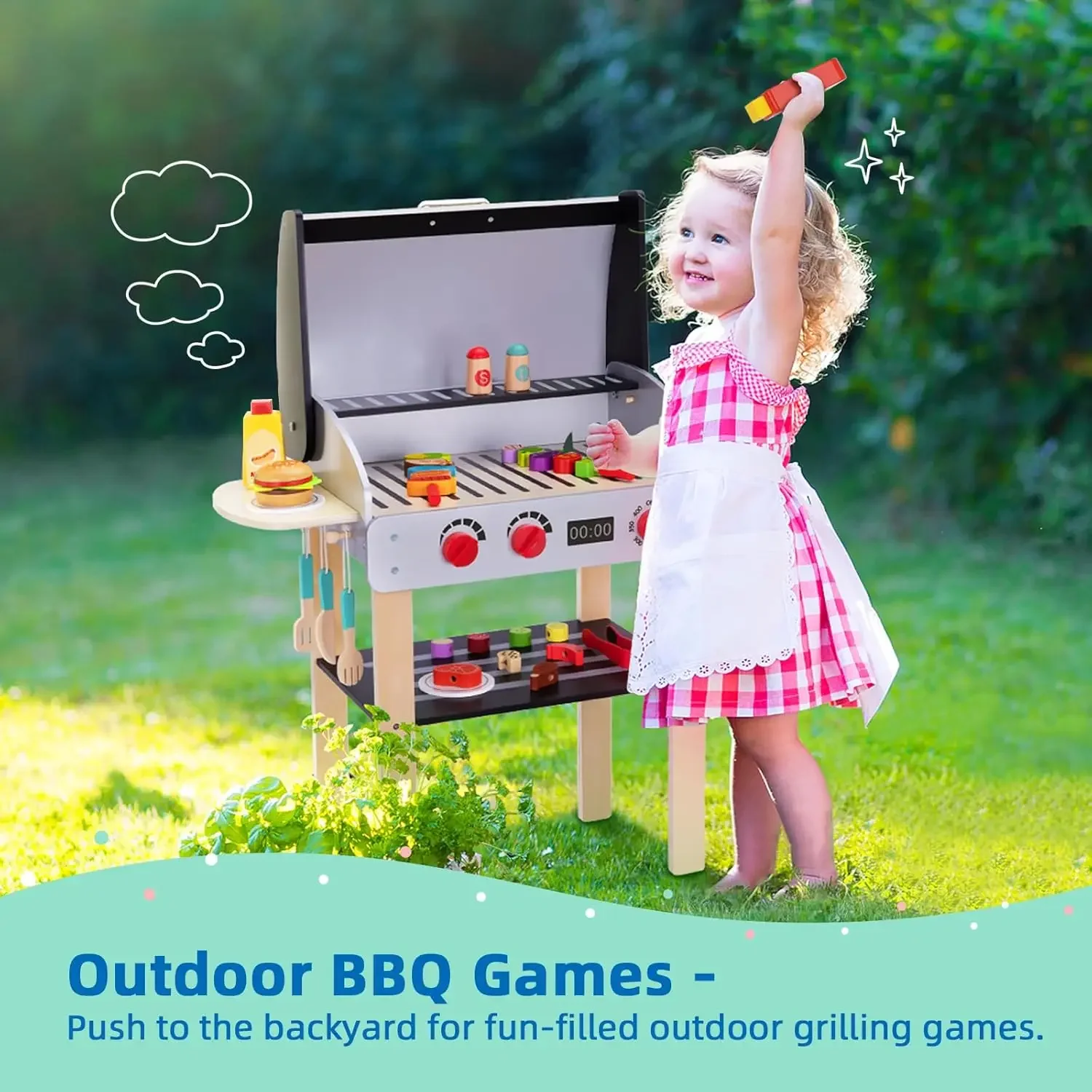 Wooden Play Barbecue Toy Grill, Kids Grill Playset with Play Food & Grilling Tools, Fun Kitchen Accessories for Kids