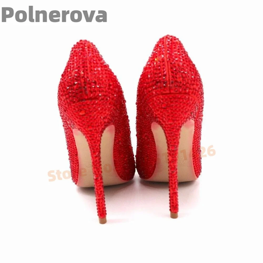 

12Cm Stiletto Red Crystal Wedding Shoes Bling Bling High Heels Pointed Toe Slip On Pumps Shining Rhinestone Dress Party Shoes