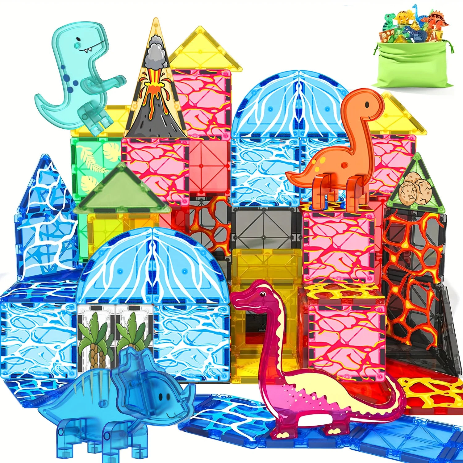 Magnetic Building Block Toys Magnetic Tiles, Dinosaur Volcano Theme, Creative Blocks Suitable for Birthday Holiday Gifts