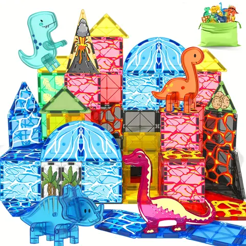 Magnetic Building Block Toys Magnetic Tiles, Dinosaur Volcano Theme, Creative Blocks Suitable for Birthday Holiday Gifts