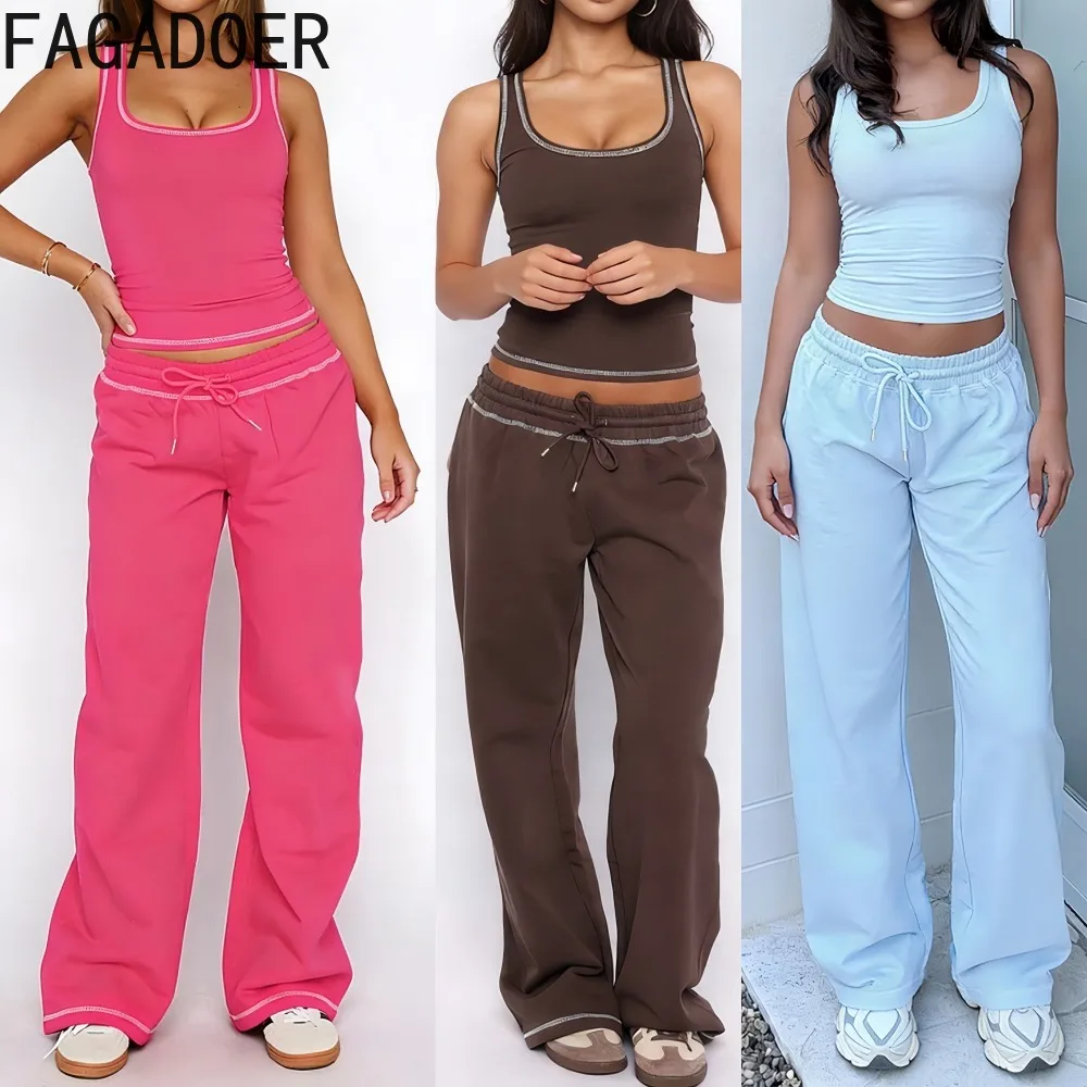 

FAGADOER Повседневная женская одежда: комплект из 2 предметов, однотонный укороченный топ без рукавов с открытой спиной и брюки, сочетающиеся, женская уличная одежда, новинка