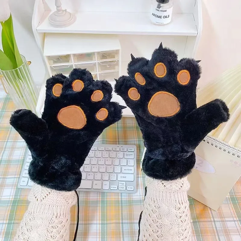 Cute Cat Claw Gloves Winter Girls Student Fur Thickened Animal Claw Warm Big Bear Palm Gloves Female Black Gloves  Winter Gloves