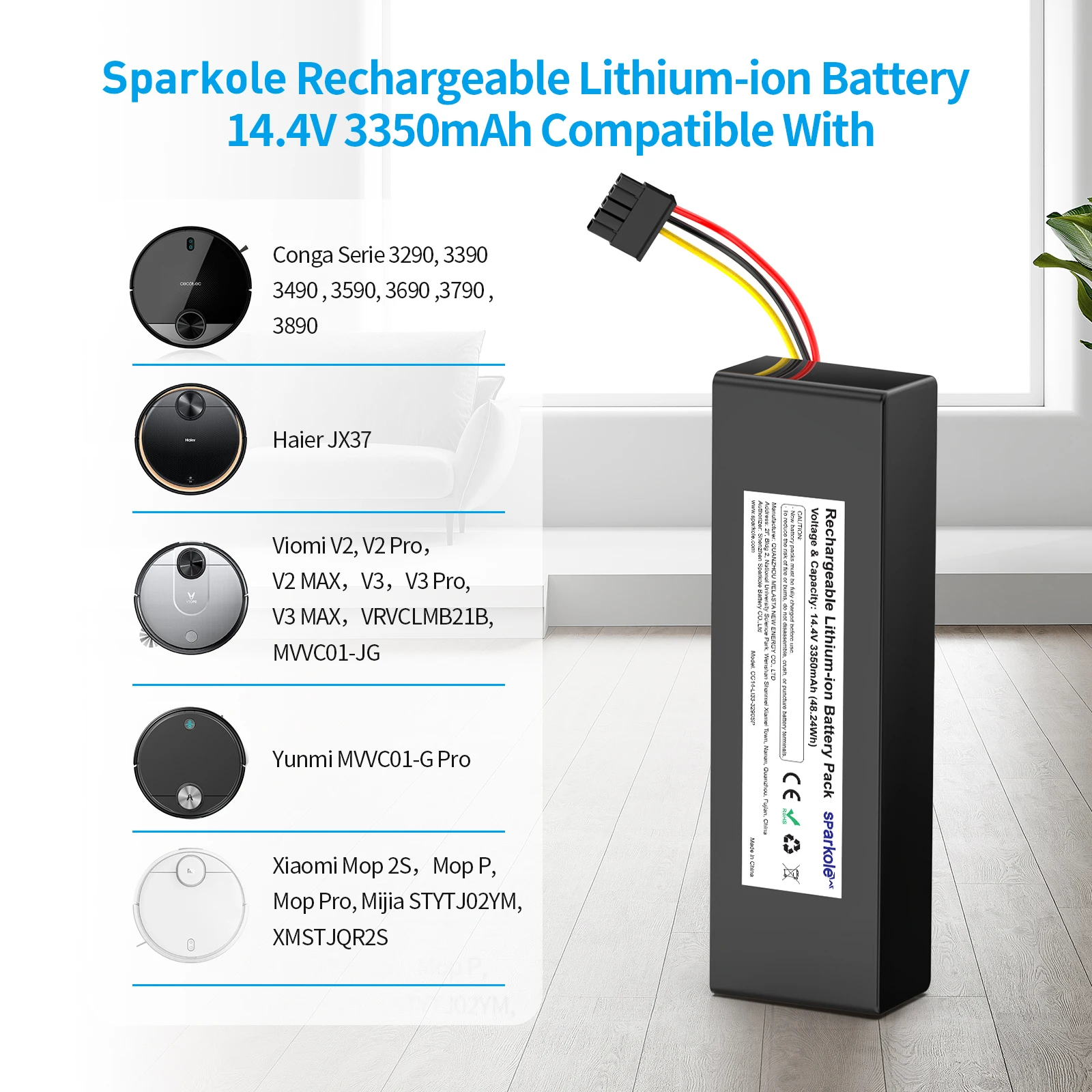 Sparkole 14.4V 3350mAh Li-ion Battery Replacement For Mijia STYTJ02YM XMSTJQR2S Conga 3290 3390 3490 3590 3690 3790 3890 Series