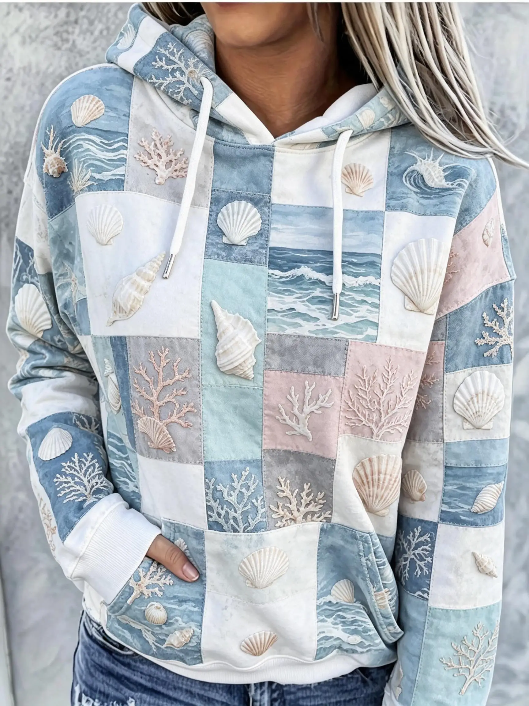 Women Fleece Hoodie Ocean Shell Coral Patchwork Checkered All?Over Print Long Sleeve Drawstring Pocket Loose Hooded Sweatshir