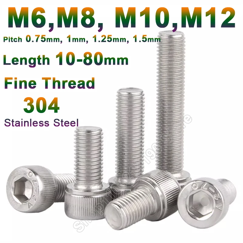 Stainless Steel Fine Thread Hex Socket Cap Head Bolts Fully Threaded Cylindrical Cheese Head Allen Screw M6‑M12 Pitch 0.75-1.5mm