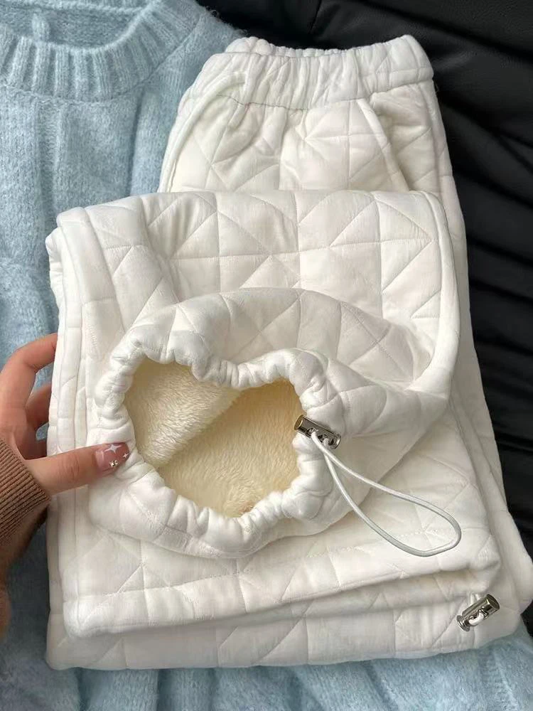 

Зимние плюшевые теплые повседневные брюки для женщин Y2K с высокой талией и завязками, спортивные штаны Argyle, корейские однотонные универсальные прямые брюки