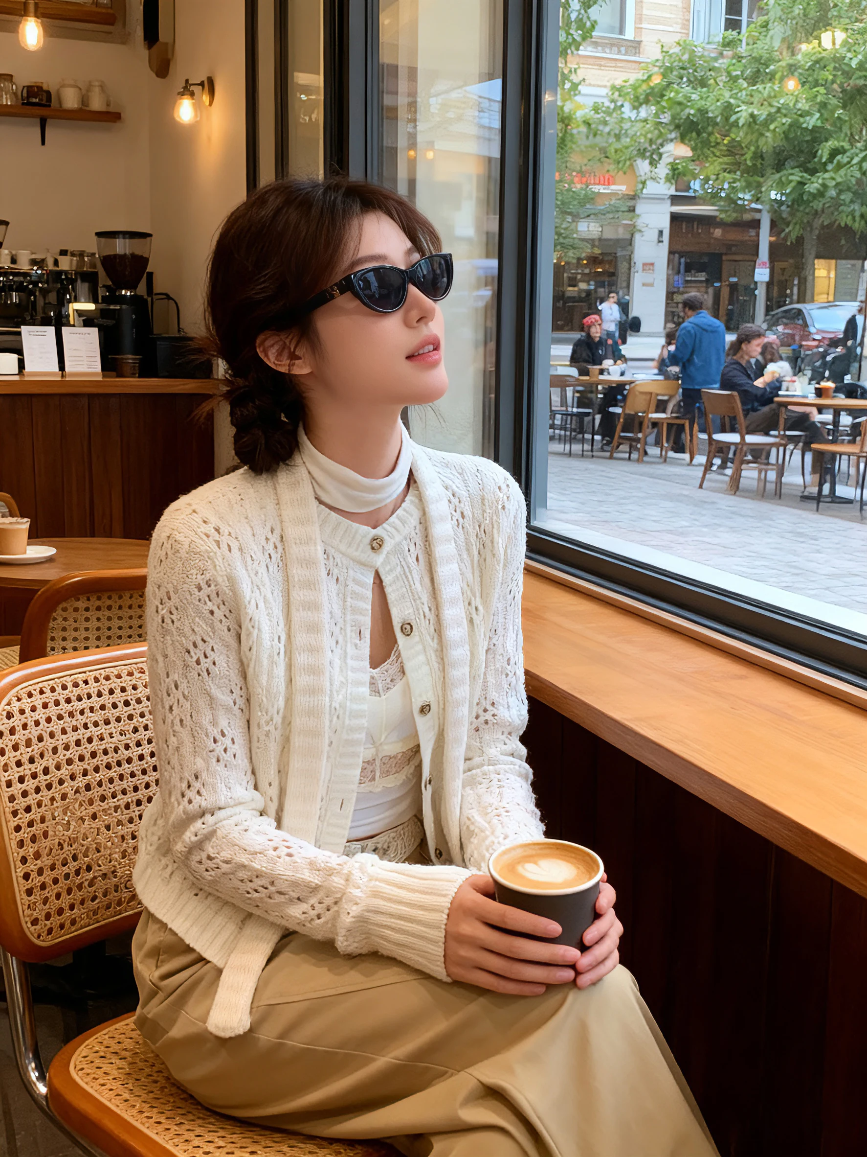 

Korean Sle Gentle White Hollow Long Sve Knitted Women's Sweater with Sa Spring Autumn Season Slim Fit round Ne Butto...