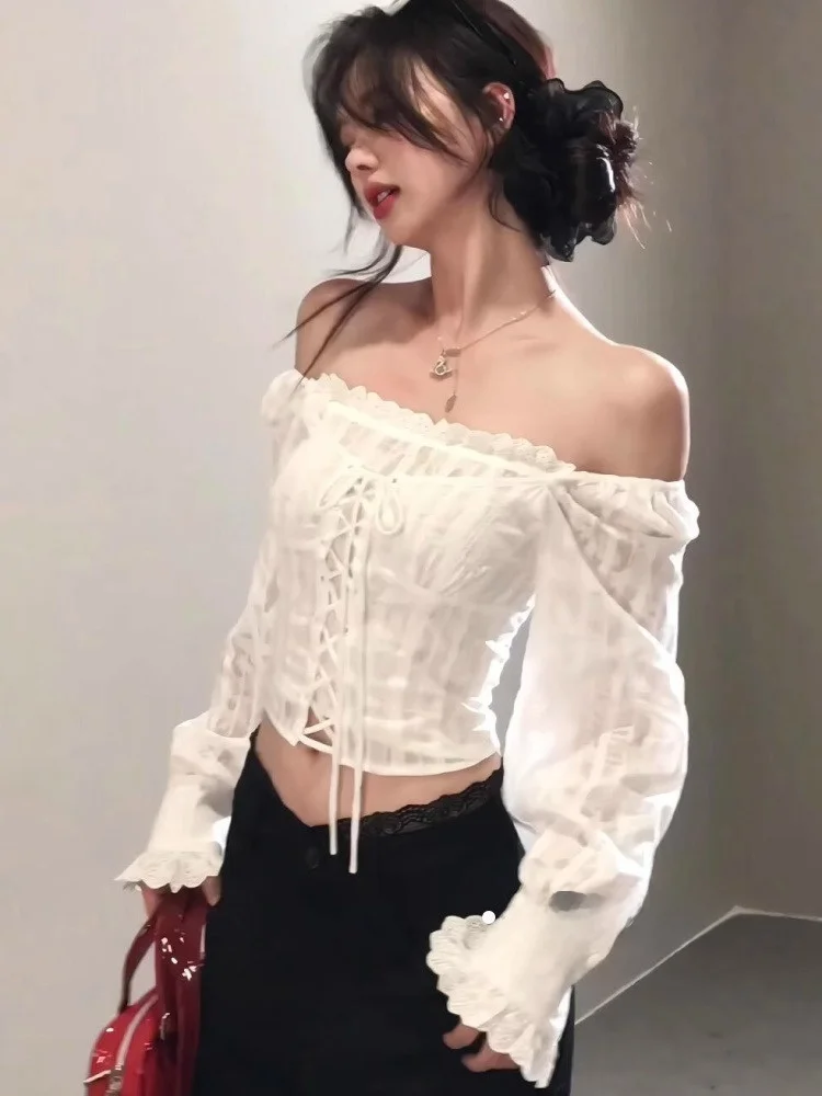

Elegant White Belted One-Shoulder Long Sleeve Shirt Women's Spring Sweet-and-Spicy Girl Slim Waist Short Top French Style