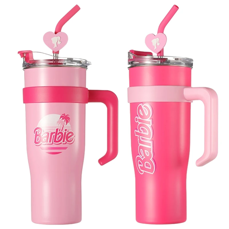 1600Ml Barbie Thermos Bottle Kawaii Girls Large Capacity Stainless Steel Sports Straw Water Cup Coffee Kettle Valentine Day Gift