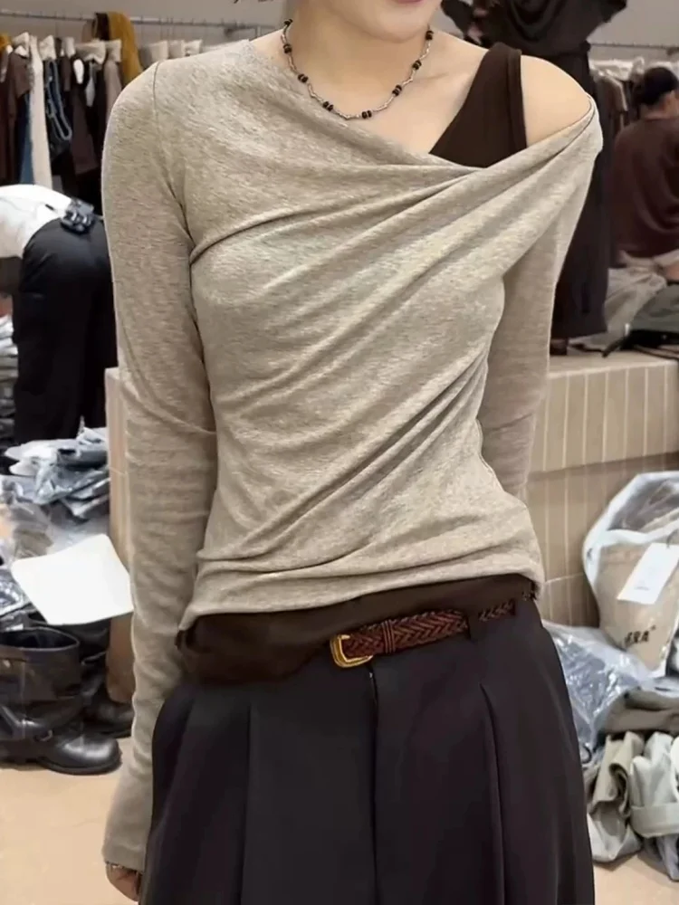 Korean Style Long Sleeve Loose Fit Fashion Shoulder Bared Top Women's Autumn New Arrival Slimming Effectiveness T-shirt